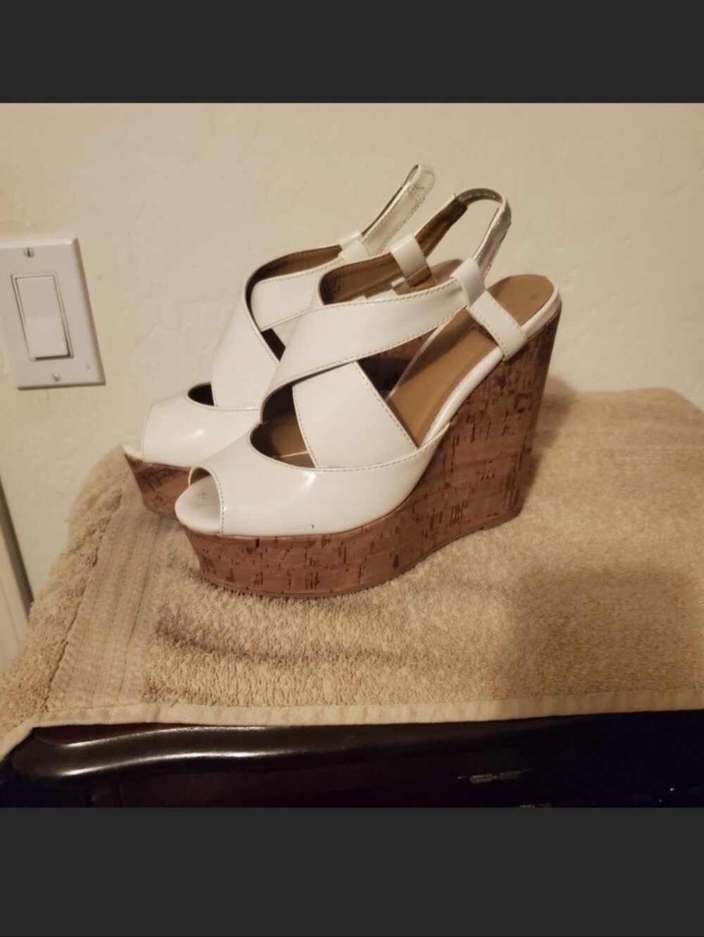 Vintage Off White Patent Cork Wedge Sandals - Women's Platform Heels